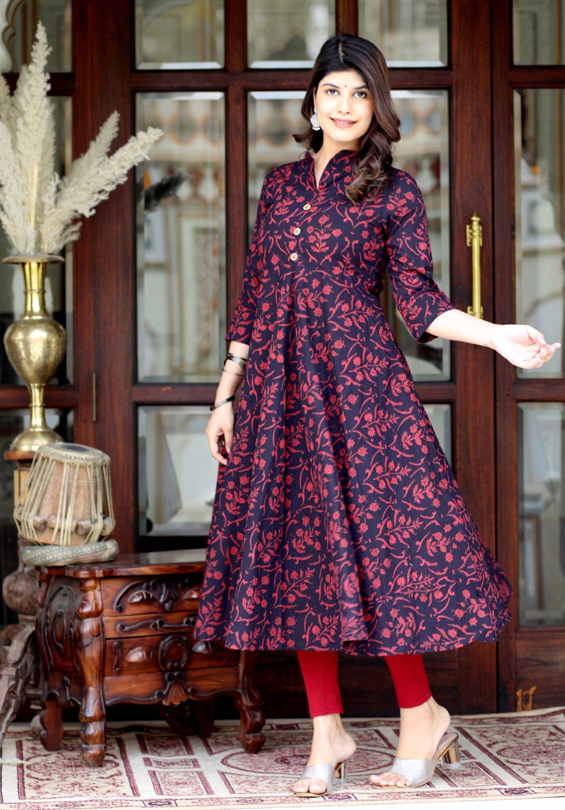 Miravan Maroon Floral Print Anarkali Kurta for Women - Image 2
